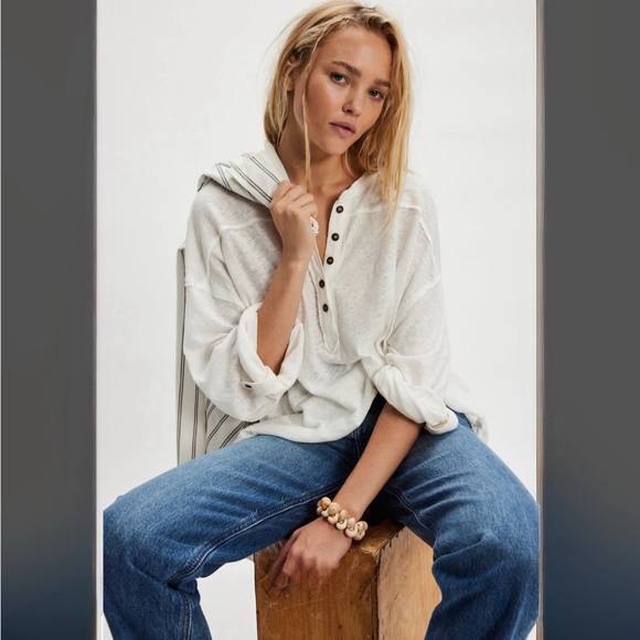 We The Free Tops - We The Free Cotton Linen Henley Long Sleeve Tee medium ivory white new